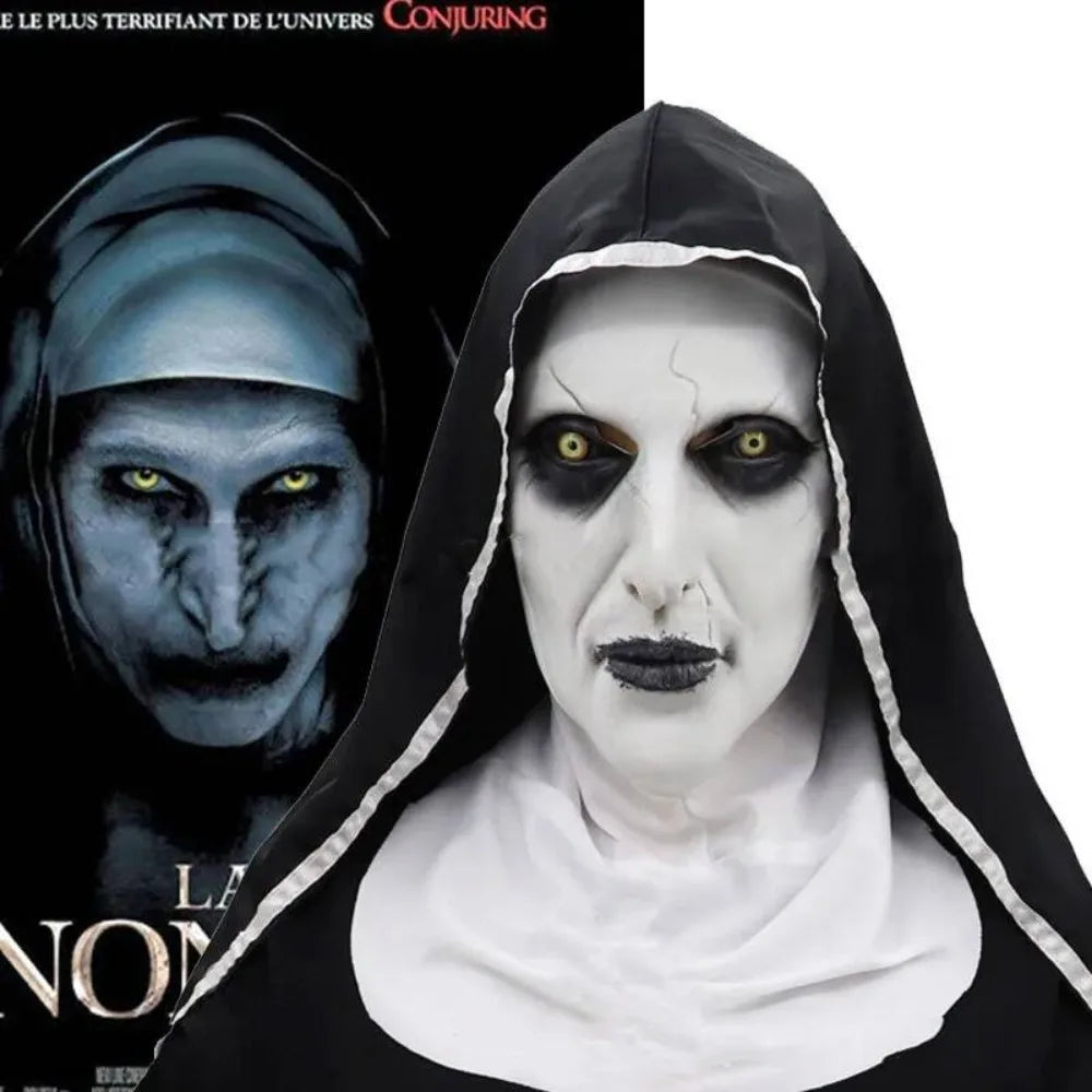 Horror Nun Latex Mask with Head Scarf Cosplay Costume Headgear Halloween Fancy Dress Party Carnival Scary Ghost Nun Mask