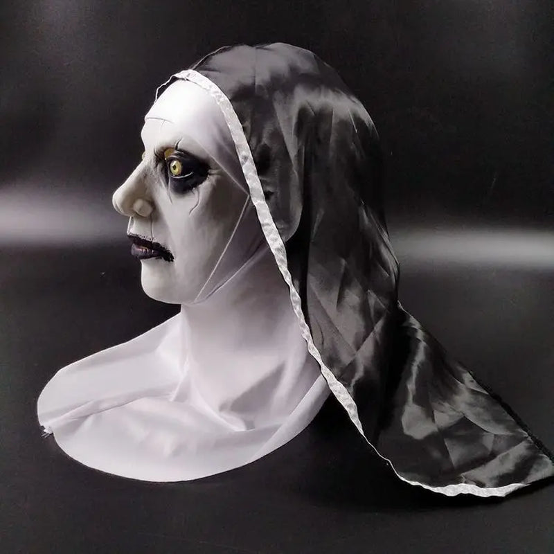 Horror Nun Latex Mask with Head Scarf Cosplay Costume Headgear Halloween Fancy Dress Party Carnival Scary Ghost Nun Mask