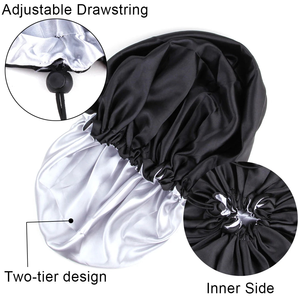 Sleep Satin Hat Curly Reversible Double Layer Layer Satin Night Cap Adjusting Button Silky Bonnet Women Hair Heating Cap Tool